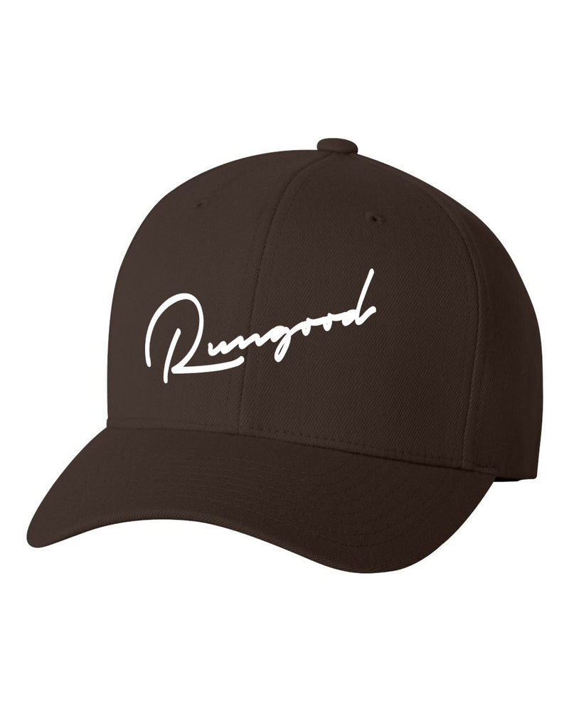 RUNGOOD Cursive Flex-Fit Hats - Brown and White