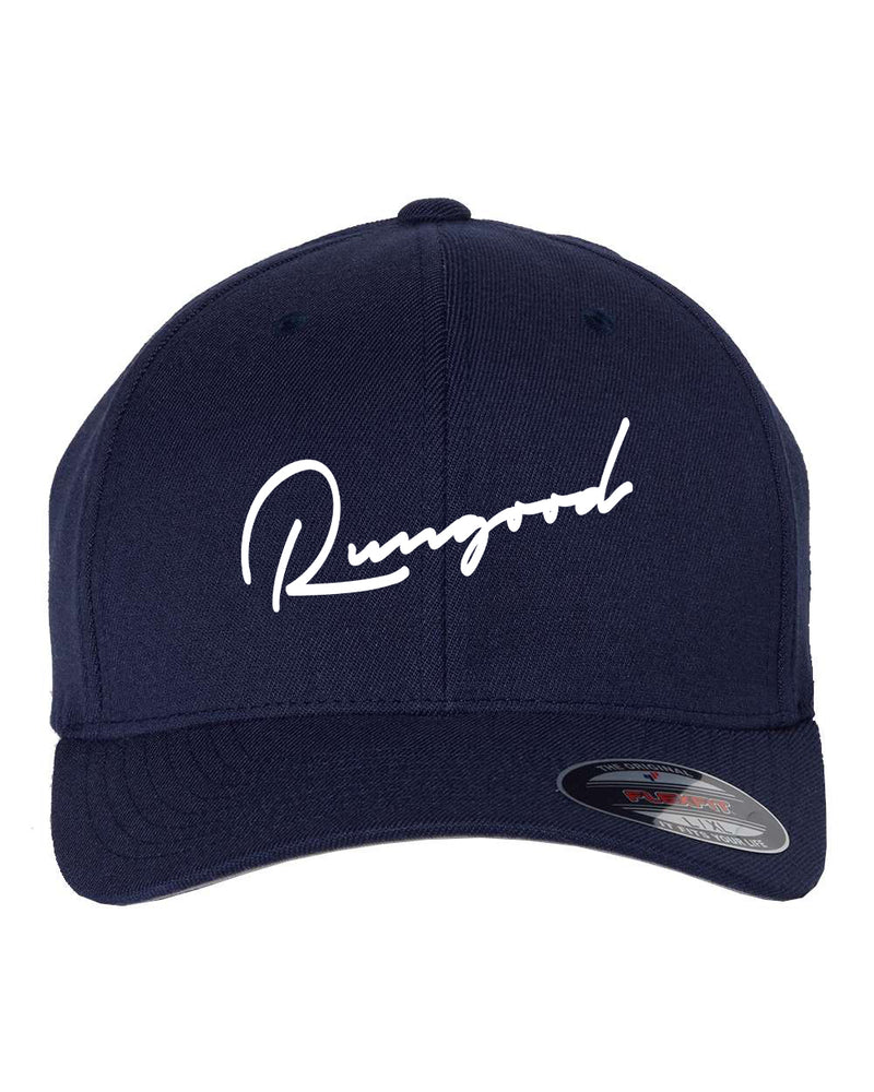 RUNGOOD Cursive Flex-Fit Hats - Navy and White